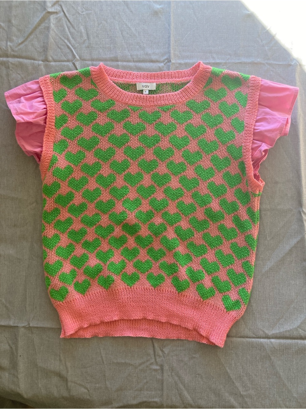 Y2K heart sweater vest with ruffled sleeves in pink & green small twee coquette